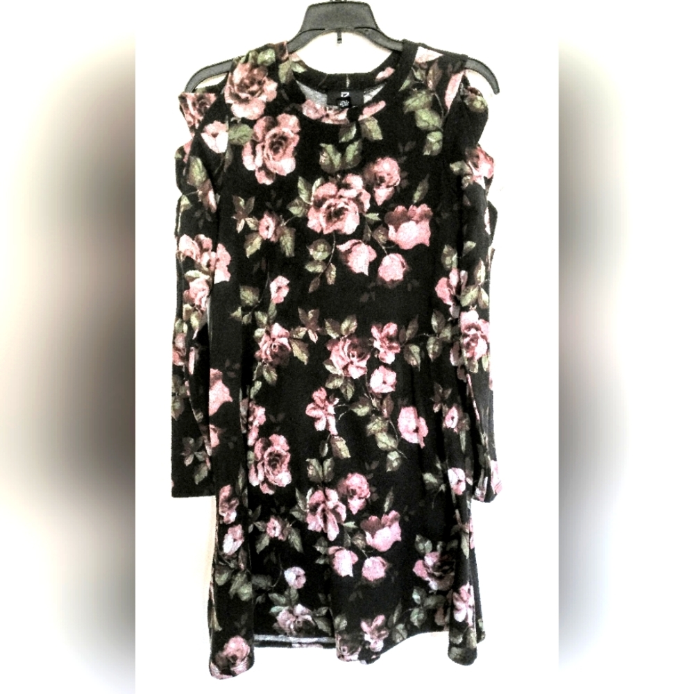 BLACK DRESS PINK ROSES, CUT OUT LONG SLEEVE, SIZE M, BY IZ BYER